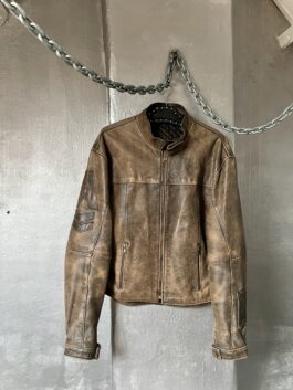 Vintage oversized real leather racing motor jacket washed brown