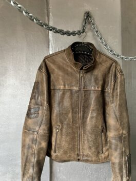 Vintage oversized real leather racing motor jacket washed brown