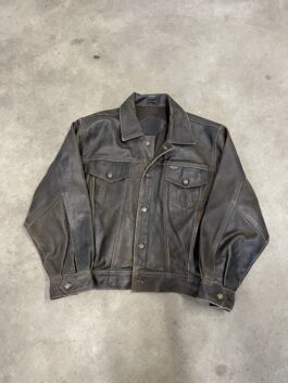 Vintage oversized real leather rough denim look jacket washed brown