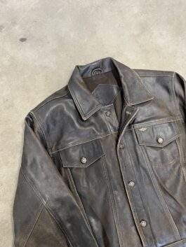 Vintage oversized real leather rough denim look jacket washed brown