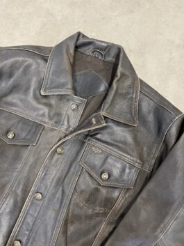 Vintage oversized real leather rough denim look jacket washed brown