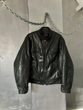 Vintage oversized real leather racing motor jacket black