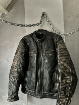 Vintage oversized real leather racing motor jacket washed dark brown