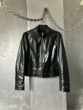 Vintage real leather racing jacket with line details black