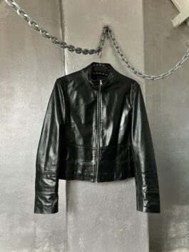 Vintage real leather racing jacket with line details black