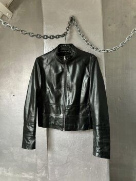 Vintage real leather racing jacket with line details black