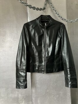 Vintage real leather racing jacket with line details black