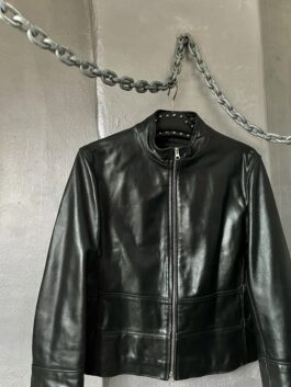 Vintage real leather racing jacket with line details black