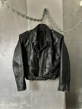 Vintage oversized real leather biker jacket washed black