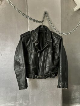 Vintage oversized real leather biker jacket washed black