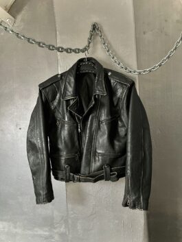 Vintage oversized real leather biker jacket washed black