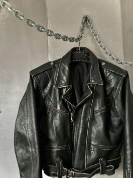 Vintage oversized real leather biker jacket washed black