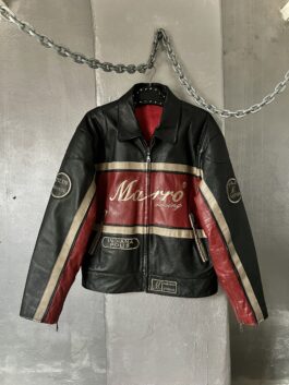 Vintage oversized real leather racing jacket red black