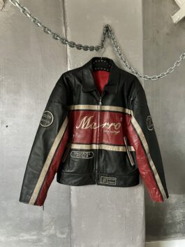 Vintage oversized real leather racing jacket red black