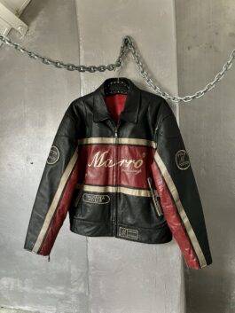 Vintage oversized real leather racing jacket red black