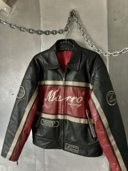 Vintage oversized real leather racing jacket red black