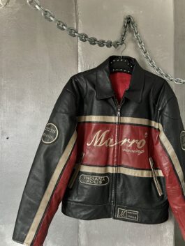 Vintage oversized real leather racing jacket red black