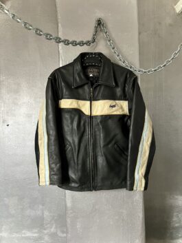 Vintage Chyston oversized real leather racing jacket black beige