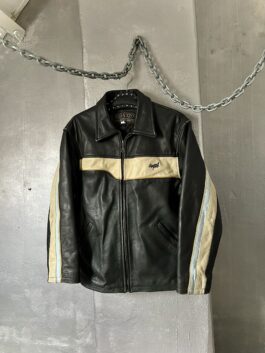 Vintage Chyston oversized real leather racing jacket black beige