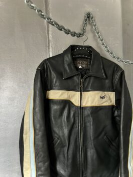 Vintage Chyston oversized real leather racing jacket black beige