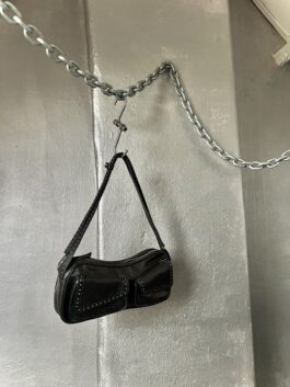 Vintage real leather shoulderbag with silver stud details black