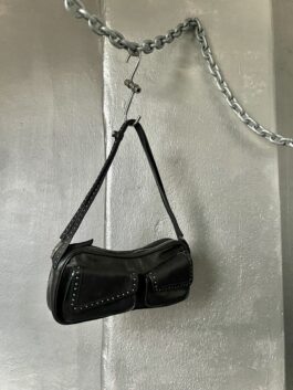 Vintage real leather shoulderbag with silver stud details black