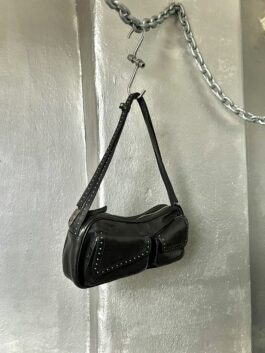 Vintage real leather shoulderbag with silver stud details black