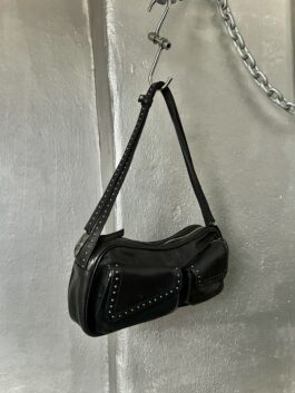 Vintage real leather shoulderbag with silver stud details black