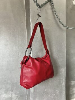 Vintage real leather shoulderbag with silver hardware wine red