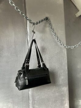 Vintage real leather shoulderbag with buckle straps black