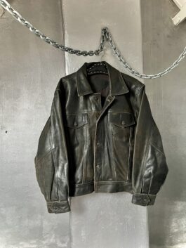 Vintage oversized real leather rough denim look jacket washed brown