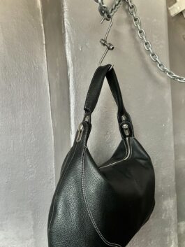 Vintage real leather shoulderbag with silver hardware black