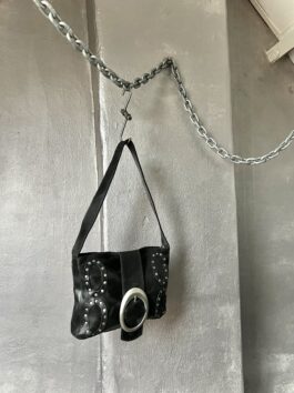 Vintage real leather shoulderbag with silver hardware black