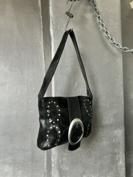 Vintage real leather shoulderbag with silver hardware black