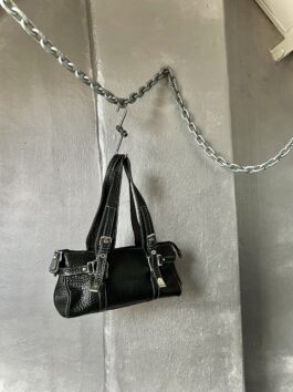 Vintage real leather shoulderbag with silver hardware black