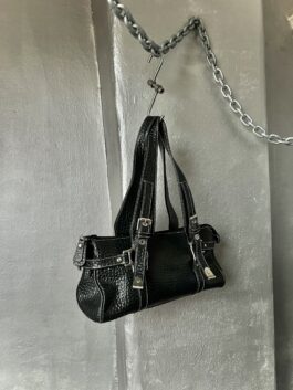 Vintage real leather shoulderbag with silver hardware black