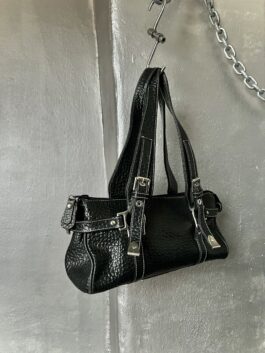 Vintage real leather shoulderbag with silver hardware black