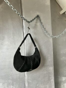 Vintage real leather suede moon shape shoulderbag black