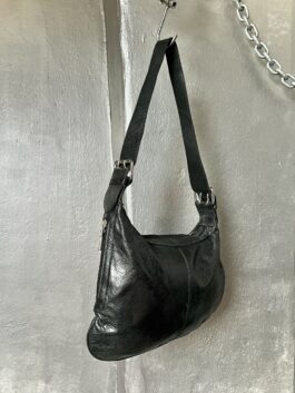 Vintage real leather shoulderbag with buckle straps black