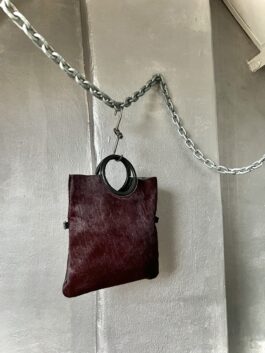 Vintage real leather handbag with cowhide wine red