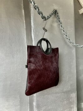 Vintage real leather handbag with cowhide wine red