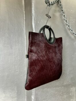 Vintage real leather handbag with cowhide wine red