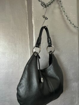 Vintage real leather shoulderbag with silver hardware black