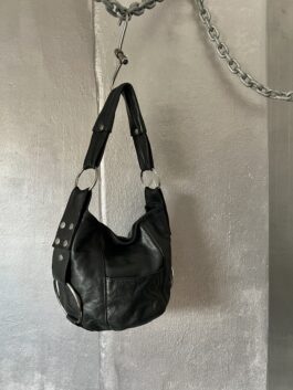 Vintage real leather shoulderbag with silver hardware black