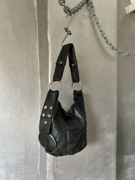 Vintage real leather shoulderbag with silver hardware black