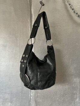 Vintage real leather shoulderbag with silver hardware black