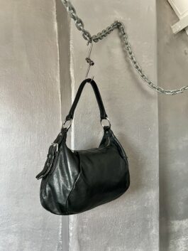 Vintage real leather shoulderbag with silver hardware black