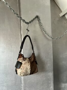 Vintage real leather suede shoulderbag with cowhide brown