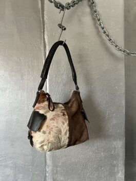 Vintage real leather suede shoulderbag with cowhide brown