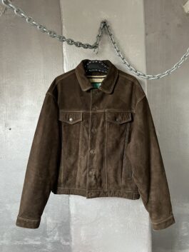 Vintage oversized real leather denim look jacket brown